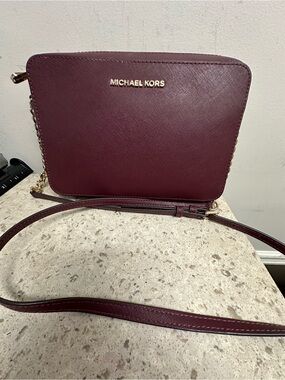 Michael Kors Wine Saffiano Crossbody Bag with Gold Hardware